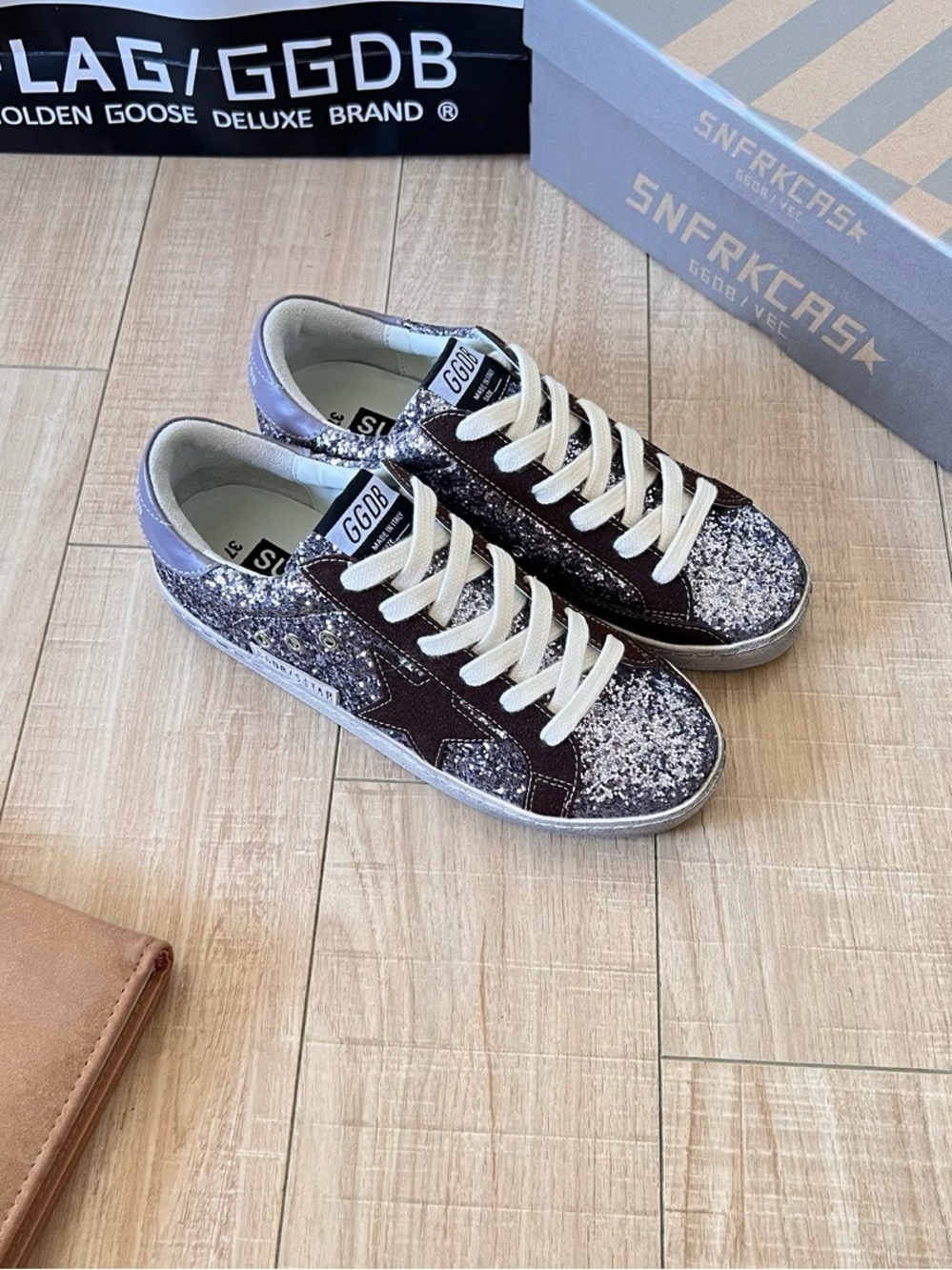 Golden Goose Silver Glitter Sneakers with Brown Star Trim - Picture 4 of 8